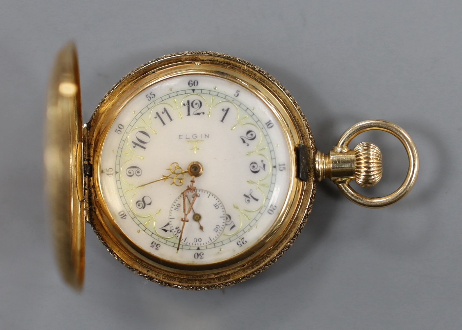 An early 20th century 14k Elgin hunter keyless fob watch, with Arabic dial and engraved monogram